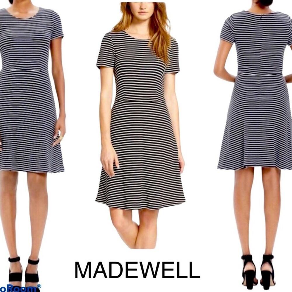 Madewell Gallerist Dress Black White Stripe Fit Flare Small Business Casual